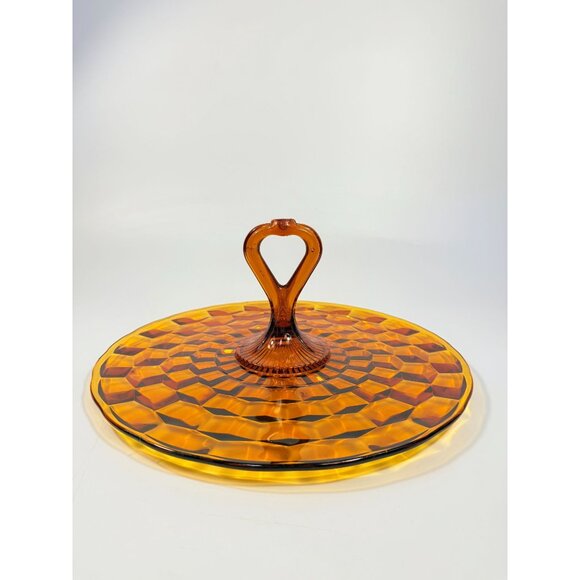 Amber Serving Tray With Handle | Indiana Colony Cubist Bube Diamond Pattern 12" - Picture 2 of 16